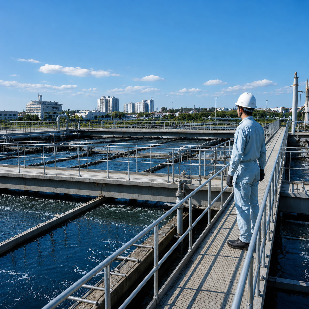水処理施設を見守るレイホー産業のスタッフ